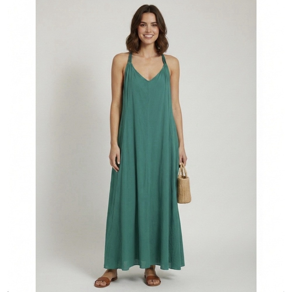 Garnet Hill Green Cotton Voile Maxi Dress S Halter Racerback Summer Sundress